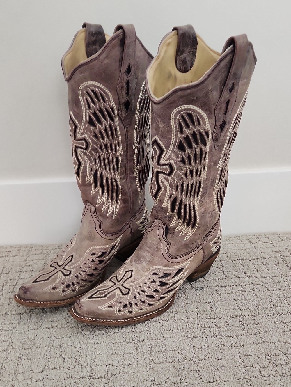 Corral Distressed Taupe Wing-Embroidered Heeled Cowboy Boots